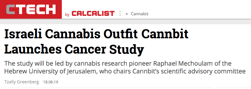 CTech header - Israeli Cannabis Outfit Cannbit Launches Cancer Study - The study will be led by cannabis research pioneer Raphael Mechoulam of the Hebrew University of Jerusalem, who chairs Cannbit’s scientific advisory committee