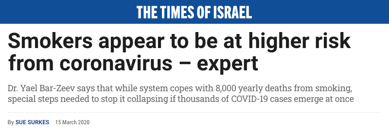 Times of Israel header - Smokers appear to be at higher risk from coronavirus – expert