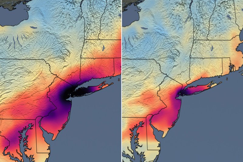 Image on the left shows the average concentration of air pollution across much of the East Coast of the US between 2015 and 2019; image on the right shows pollution levels in March 2020.