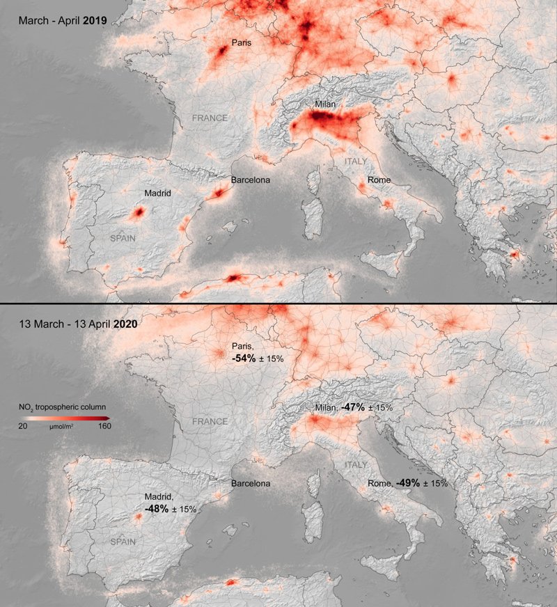 Using data from the Copernicus Sentinel-5P satellite, these images show the average nitrogen dioxide concentrations from March 13 to April 13, 2020, compared to the March-April averaged concentrations from 2019. The percentage decrease is derived over selected cities in Europe and has an uncertainty of around 15% owing to weather differences between 2019 and 2020.