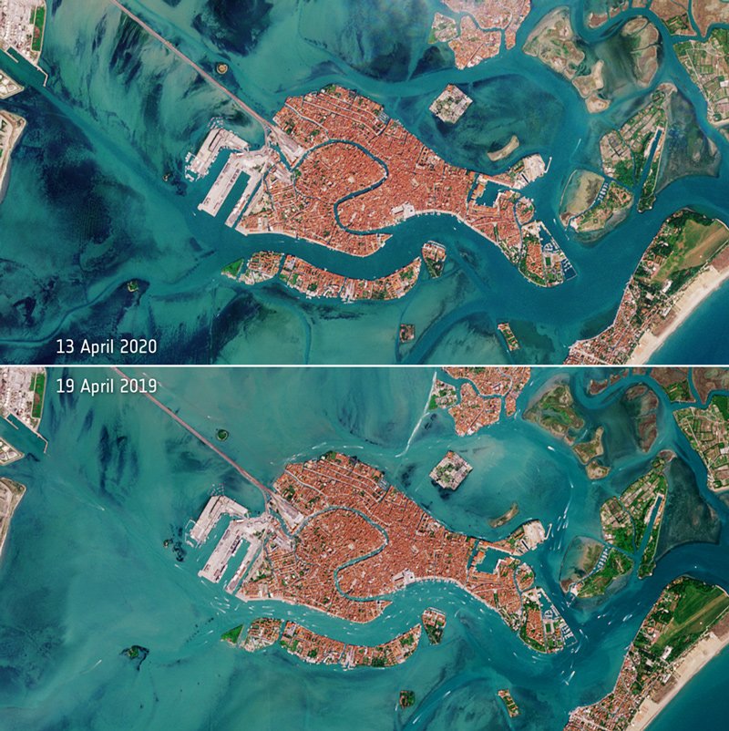 Italy’s efforts to limit the spread of the coronavirus disease have led to a decrease of boat traffic in Venice’s famous waterways – as captured by the Copernicus Sentinel-2 mission. These images show one of the effects of the locked-down city of Venice, in northern Italy. The top image, captured on April 13, 2020, shows a distinct lack of boat traffic compared to the image from April 19, 2019.