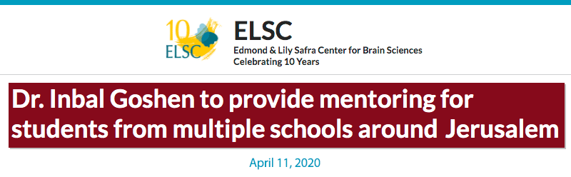 ELSC header - Dr. Inbal Goshen to provide mentoring for students from multiple schools around Jerusalem