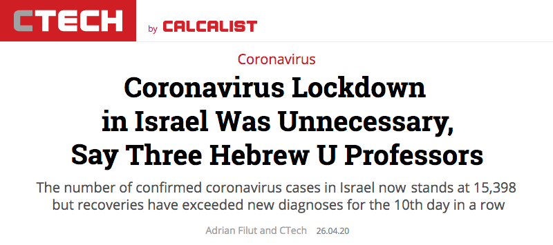 CTECH header - Coronavirus Lockdown in Israel Was Unnecessary, Say Three Hebrew U Professors - The number of confirmed coronavirus cases in Israel now stands at 15,398 but recoveries have exceeded new diagnoses for the 10th day in a row