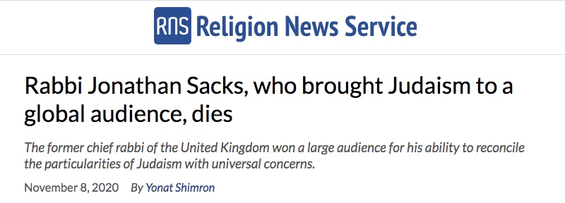 Religion News Service header - Rabbi Jonathan Sacks, who brought Judaism to a global audience, dies - The former chief rabbi of the United Kingdom won a large audience for his ability to reconcile the particularities of Judaism with universal concerns.