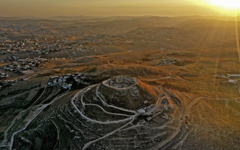 Aerial view of the Herodium fortress, on November 25, 2020, with the King Herod's tomb site and the theater built by Herod the Great in 23-15 BCE in the Judaean desert, southeast of Bethlehem.