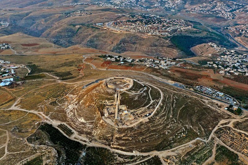 An aerial view of the Herodium fortress, November 24, 2020m with the King Herod’s tomb site and the theatrerbuilt by Herod the Great in 23-15 BCE in the Judaean desert, southeast of Bethlehem.