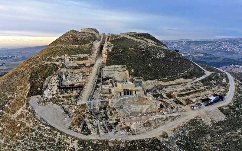 This picture taken on November 24, 2020 shows an aerial view of the Herodium fortress, with the King Herod's tomb site and the theatre built by Herod the Great between 23-15 BCE in the Judaean desert, southeast of Bethlehem.