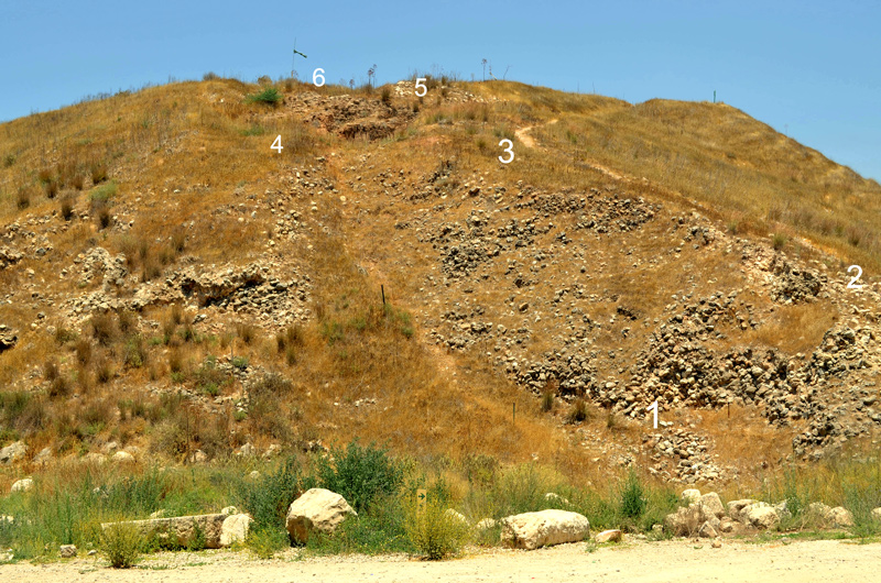 The six locations on the Assyrian siege ramp where stones were retrieved and weighed.