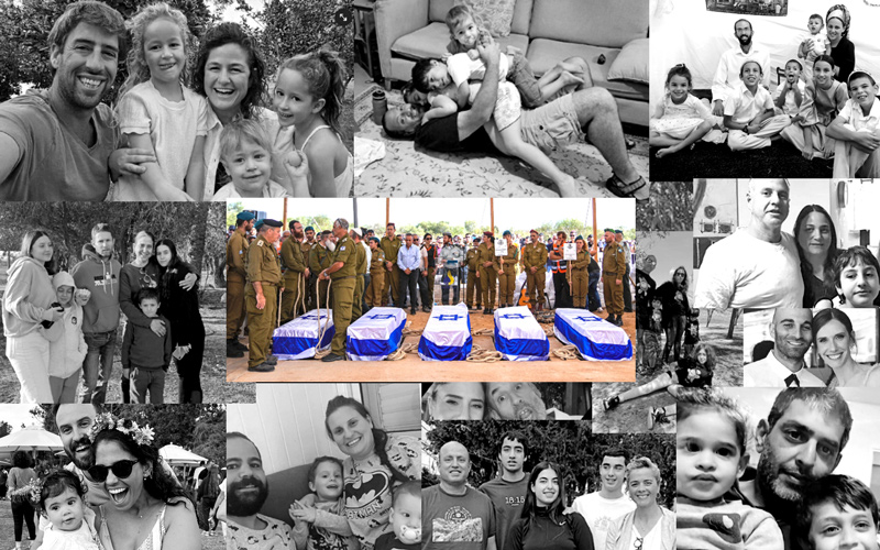 The 5 coffins of the Kotz family during their funeral in Gan Yavne, October 17, 2023. (Ohad Zwigenberg/ AP) surrounded by photos of the Kedem Siman Tov, Shosh, Shindler, Goldstein-Almog, Zak, Brodutch, Berdichevsky, Golan, Bibas, Kutz and Idan families, all of whom were among the many family units in which members were murdered, kidnapped or wounded by Hamas terrorists on October 7, 2024.*