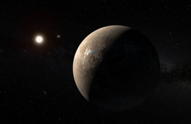 Artist's impression of the exoplanet Proxima Centauri b shown as of a arid (but not completely water-free) rocky Super-Earth.