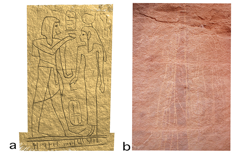 Stela engraving: annotated 3-D model (a); photograph (b). Annotation based on the analytical study of the micromorphology.