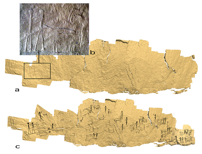 Chariots Engraving 3-D model: (a) photograph of a detail, (b) annotated Chariots Engraving, (c) Annotation based on the analytical study of the micromorphology.