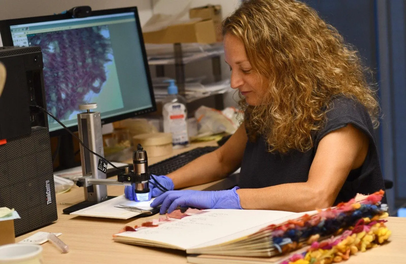 Dr. Naama Sukenik examines the fabric under a microscope.