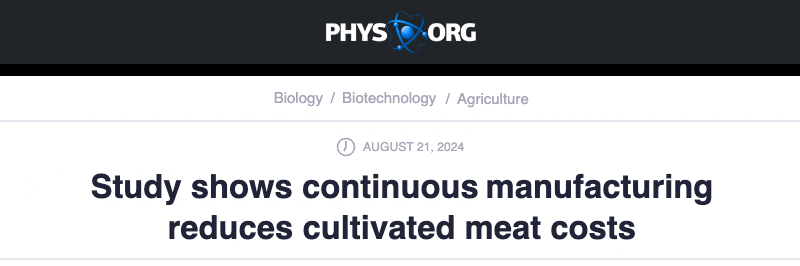 Phys.org header - Hebrew U study shows continuous manufacturing reduces cultivated meat costs