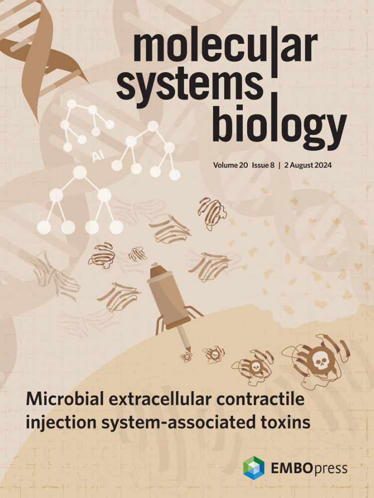 The cover of Molecular Systems Biology featuring eCIS injecting toxins that were predicted by AI.  Artwork by Dr. Yitzhak Yadegari.